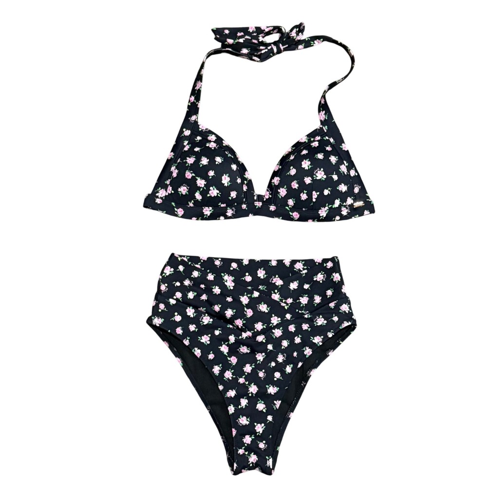 Victorias Secret PINK Floral Bikini Set Black Pink High Waist Halter Top XS